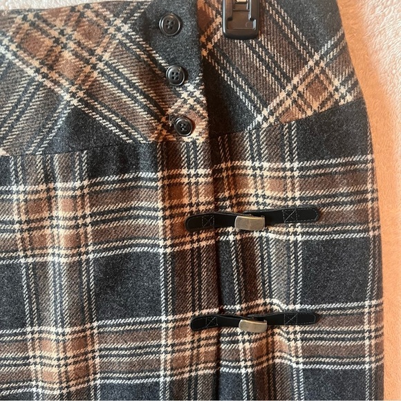 Women's Wool Plaid Wrap Blanket Skirt Sz 14 Fringe Buckle Academia Equestrian - Picture 3 of 8